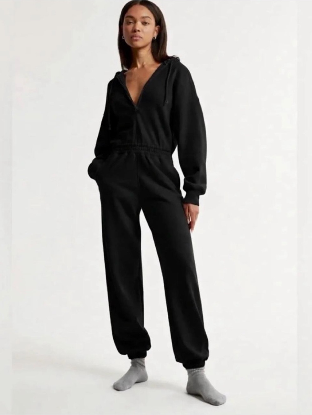 Abercrombie & Fitch Everyday Black Hooded Fleece Jumpsuit in Black